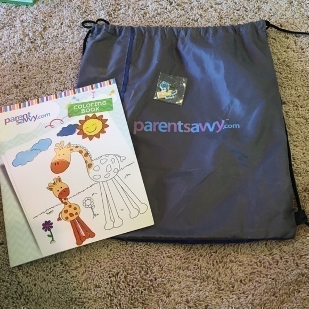 Parentsavvy.com cinch sack, coloring book, and hanging clip